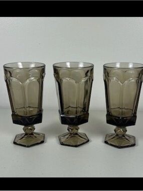 Fostoria Vintage Smoky Brown Ice Tea Goblets Hexagonal Footed Set of 3 MCM 7 in